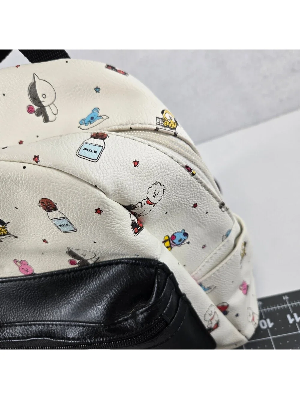 BT21 Mini Backpack White with Character Print and Black Front Pocket